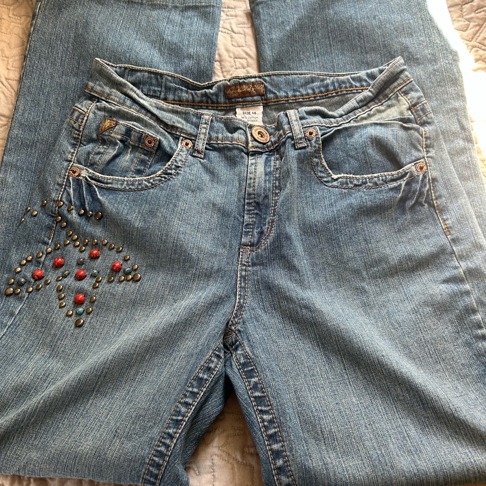 Embellished Flare Jeans with Red Accents 14 - Picture 2 of 10
